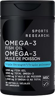 Sports Research® Omega-3 Fish Oil 1250mg from Wild Alaska Pollock, 90 Count | Always Fresh Never Fishy | 690mg EPA 260mg DHA per Softgel · Heart & Brain Health* · MSC Certified Sustainable - 90 Servings