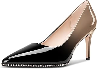 Castamere Women Beaded Pumps Pointed Toe Slip on Stiletto Mid Heels Basic Classic Dress Party Patent Leather 3.2 Inches Heels
