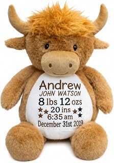 Personalized Highland Cow Plush with Birth Stats – Custom Baby Keepsake, Embroidered Stuffed Animal, Newborn Gift