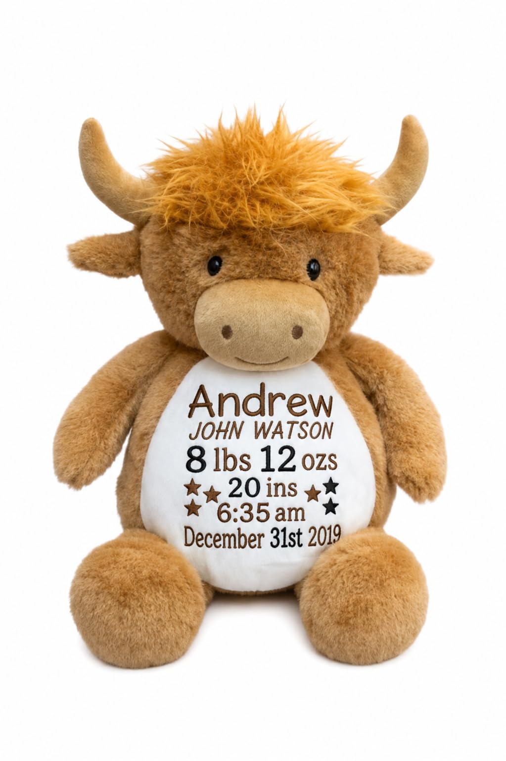 Personalized Highland Cow Plush with Birth Stats – Custom Baby Keepsake, Embroid
