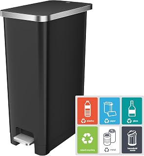 EKO Hana Slim 30L Kitchen Bin, Pedal Rubbish Bin with Soft Close and Stay-Open Lid, Space Saving Recycling Waste Bin for Home or Office, Black