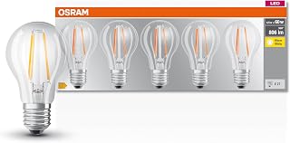 Osram LED Base Classic A Bulb, E27, Warm White, 2700K, 7W, Replacement for 60W Incandescent Bulb, Clear, Pack of 5