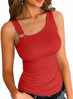 VICHYIE Women Tank Tops Summer One Shoulder Asymmetrical Neck Slim Fitted Ribbed Knit Going Out Tops Cami Shirt