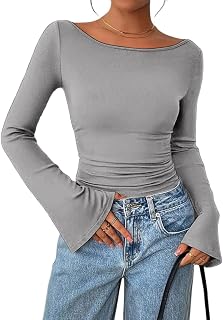 Women Long Sleeve Shirts Crop Going Out Tops Casual Boat Neck Ribbed Sleeve Ruched Clothes