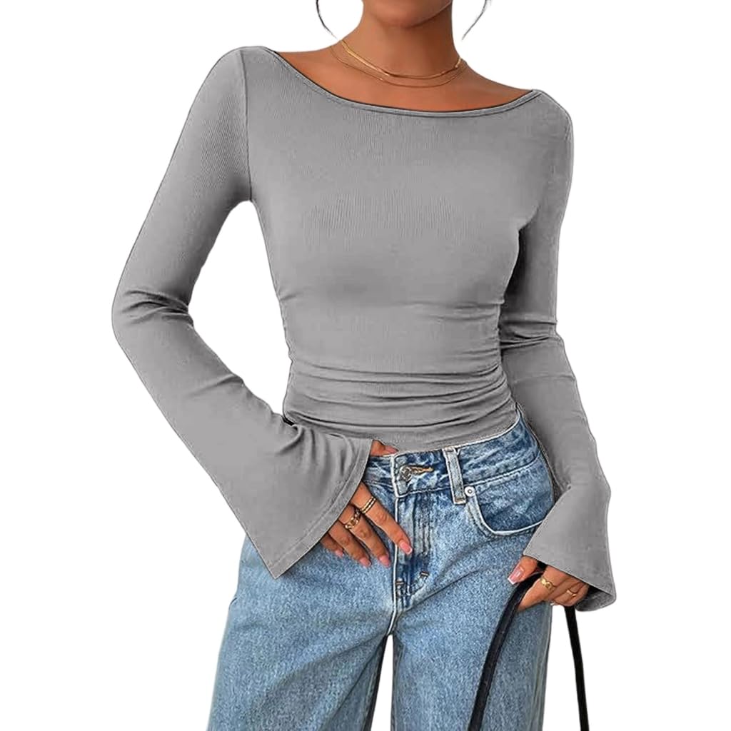 Women Long Sleeve Shirts Crop Going Out Tops Casual Boat Neck Ribbed Sleeve Ruch