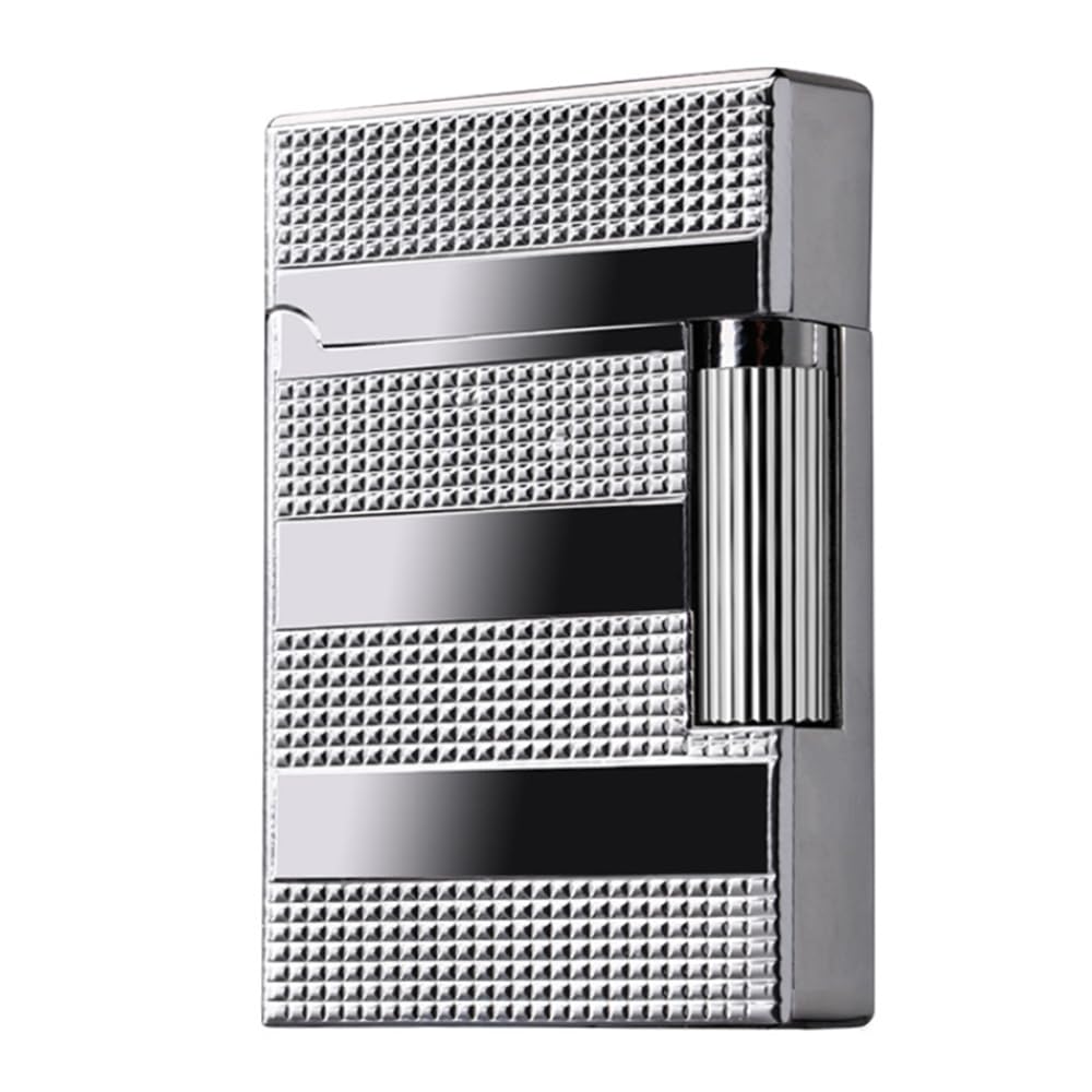 (Without butane) Luxury Metal Flint Butane Lighter, Textured Pattern, Silver Chr