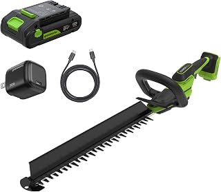 Greenworks 24V 20in Hedge Trimmer, 2.0 Ah Battery and Charger Included | Debris collector sweeps clippings away while cutting for a cleaner finish; brushless power boosts torque and motor life.