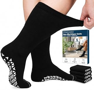 Diabetic Crew Socks with Grippers for Men-4 Pairs Bamboo Viscose Hospital Grip Socks,Non Skid Socks for Men,Non Binding Loose Fit for Edema Neuropathy Elderly,7-10
