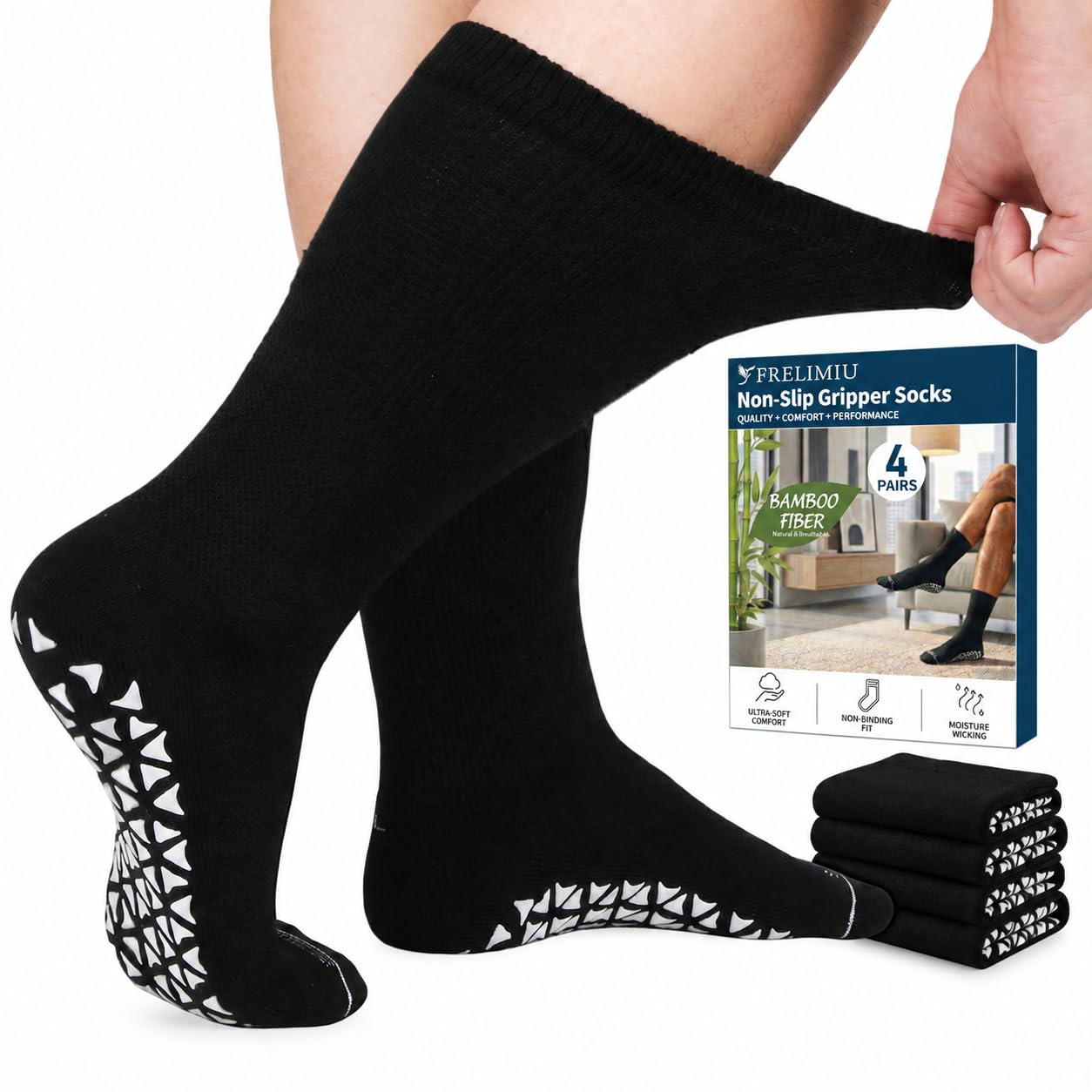 Diabetic Crew Socks with Grippers for Men-4 Pairs Bamboo Viscose Hospital Grip S