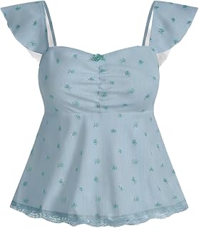 SOLY HUX Women's Floral Print Lace Trim Cap Sleeve Peplum Tee Tops