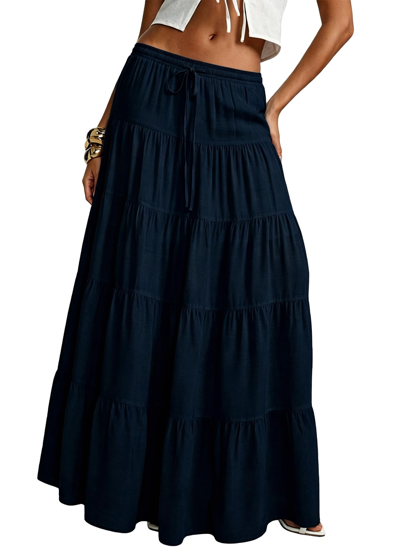 Women's Boho Maxi Skirt Ruffle Flowy Low Rise A Line Beach Long Skirts