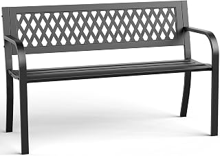 MAKE CHANGES 47" Outdoor Garden Bench, 500 lbs Load, Weatherproof, Black | Heavy Duty Metal Frame | Rust & Weather-Resistant | Plastic Grid Backrest | For Patio Lawn, Yard, Porch, Deck & Entryway