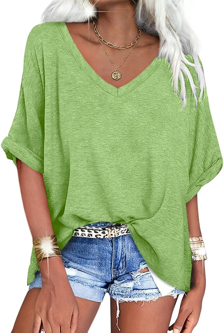 UNCLECAT Women's V Neck Oversized T-Shirts Summer Short Sleeve Shirts Loose Casu