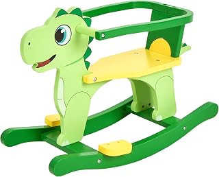 FUNLIO Wooden Dinosaur Baby Rocking Horse Ages 0.5-3, Cute Toddler Rocking Horse with Removable Fence & Backrest, Easy to Assemble Wooden Baby Rocker, CPC & CE Certified - Green