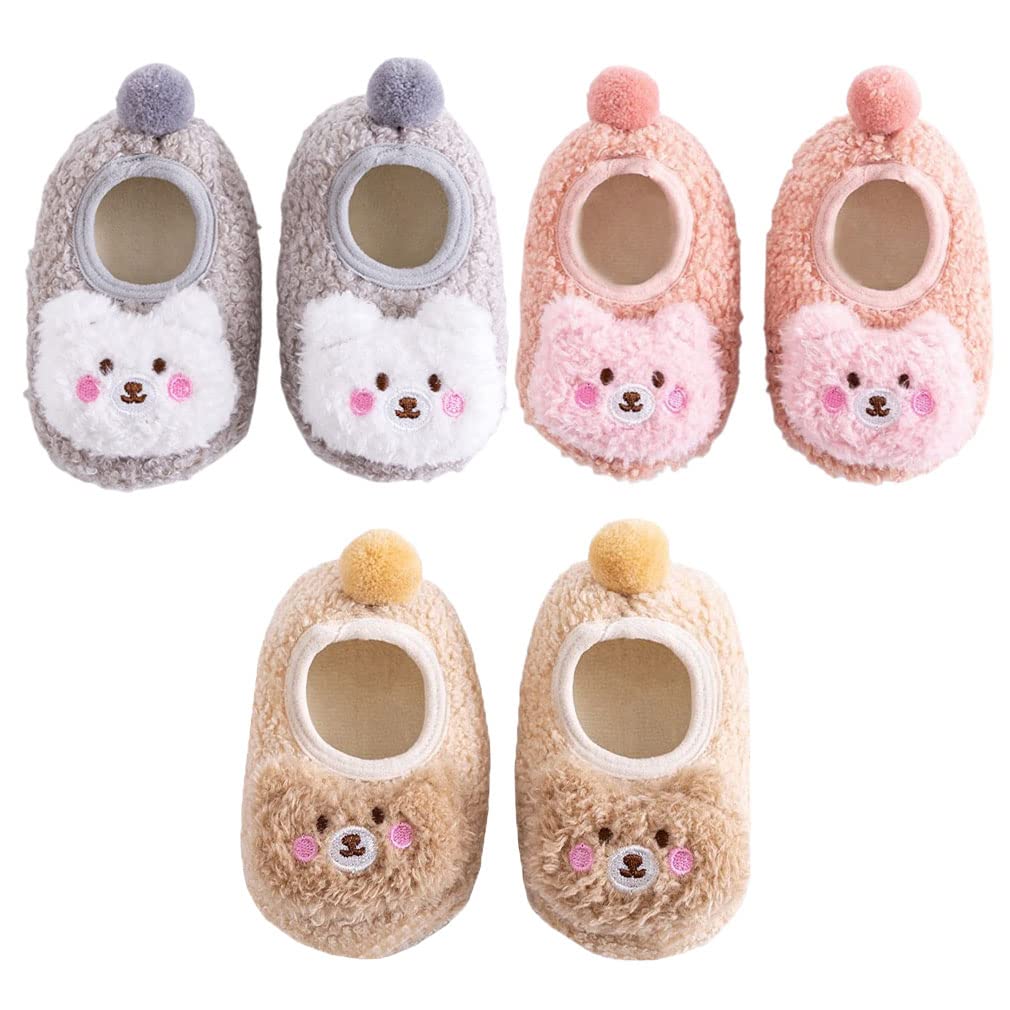 FedMois 3 Pairs Baby Boys Girls Non-Skid Indoor Fuzzy Slipper Shoes Socks Winter