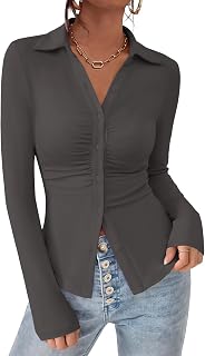 PRETTYGARDEN Womens Button Down Shirts V Neck Collared Ruched Slim Fit Long Sleeve Shirt Casual Fall Fashion Ladies Tops