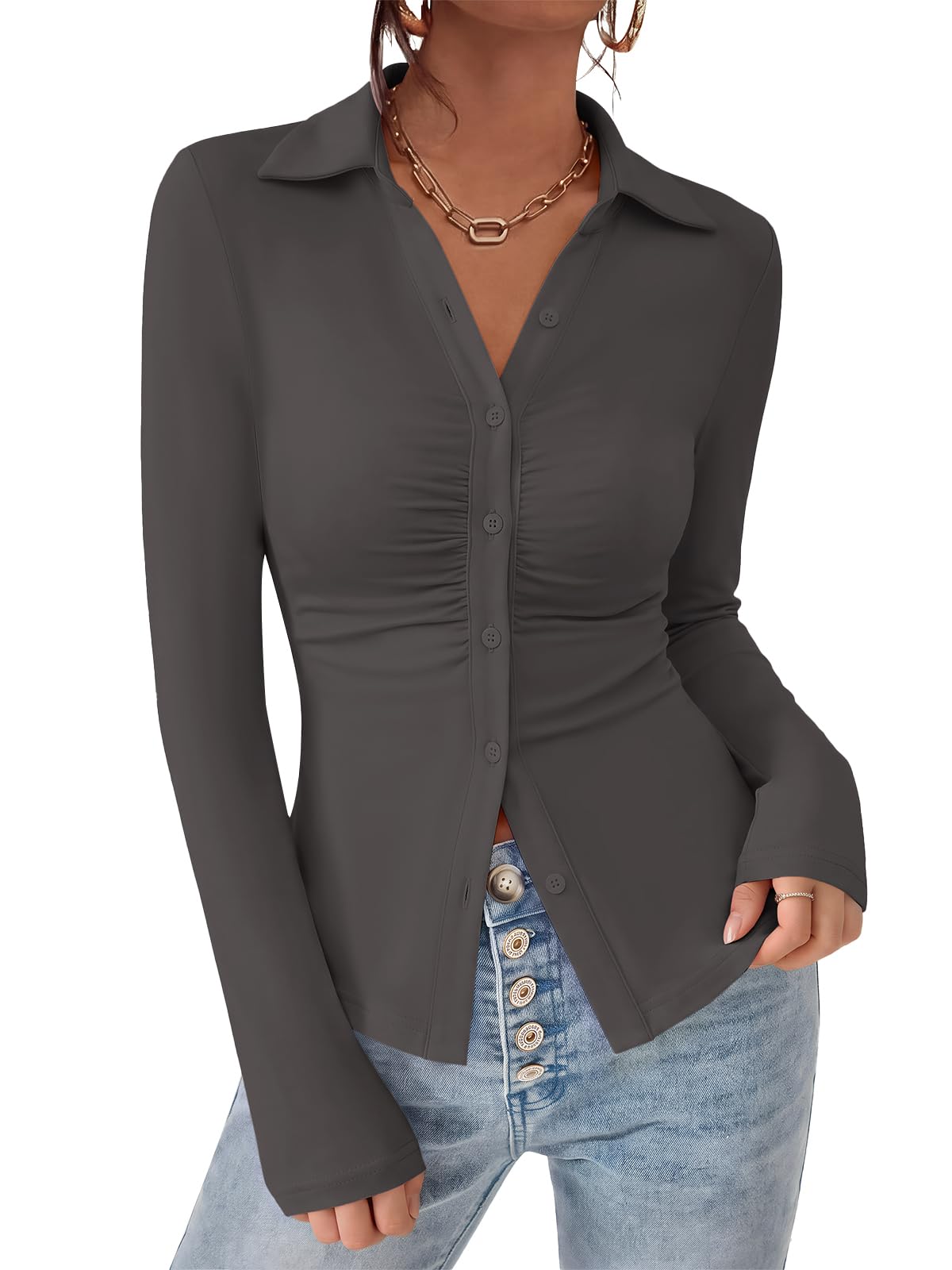 PRETTYGARDEN Womens Button Down Shirts V Neck Collared Ruched Slim Fit Long Slee