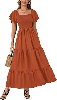 LYANER Women's Casual Summer Midi Dress Ruffle Short Sleeve Square Neck Smocked Tiered Ruffle Dresses