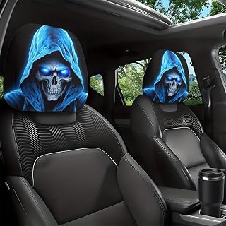 2 Pieces Skull Print Car Headrest Covers Avant-garde Gothic Design Seat Protectors with All Day Comfortable Fabric Universal Elastic Fit Washable Interior