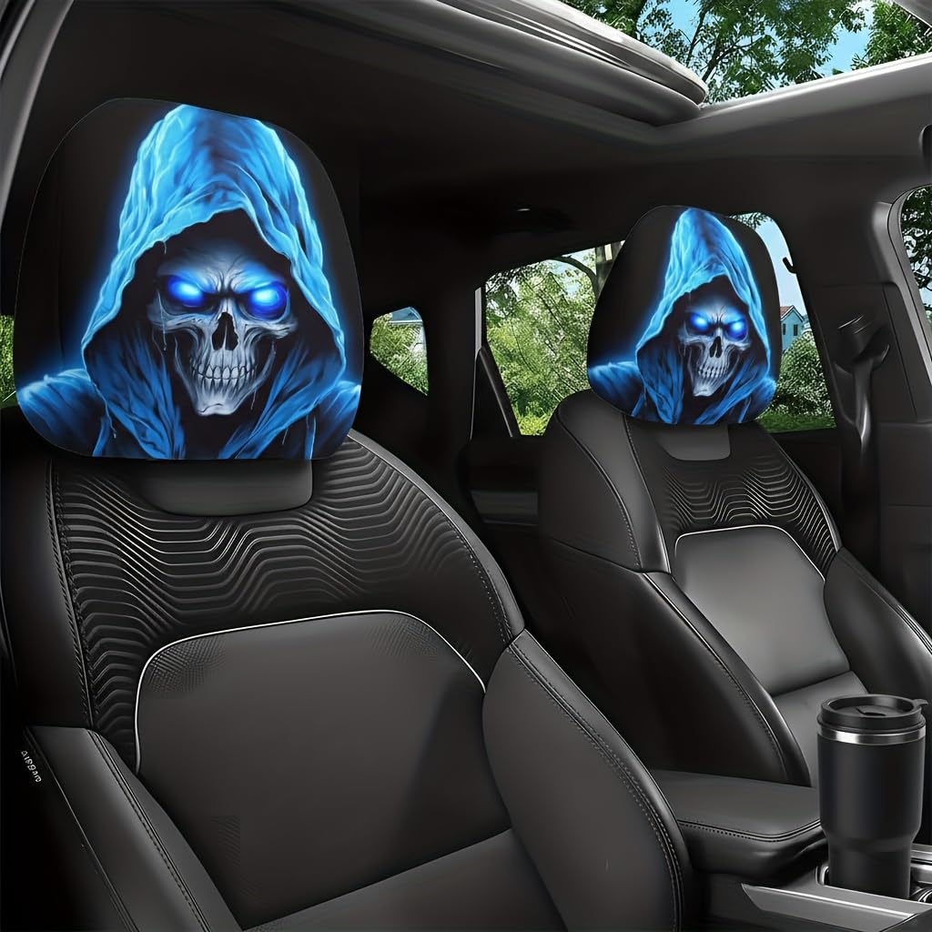 2 Pieces Skull Print Car Headrest Covers Avant-garde Gothic Design Seat Protecto