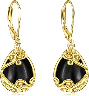 Black Onyx Drop Earrings for Women Sterling Silver 18K Yellow Gold Plated Filigree Black Onyx Dangle Leverback Earrings Jewellery Gifts for Girls