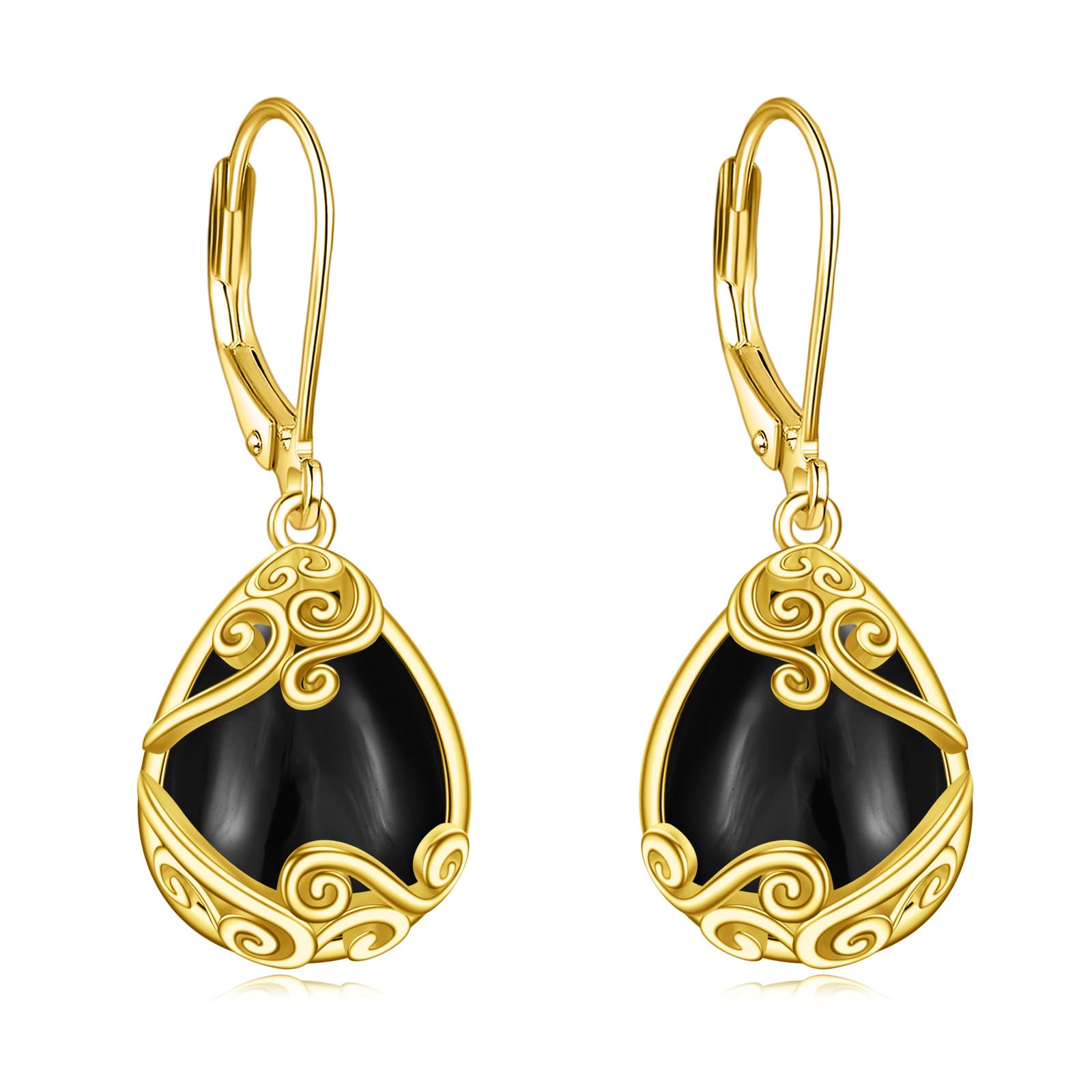 Black Onyx Drop Earrings for Women Sterling Silver 18K Yellow Gold Plated Filigr