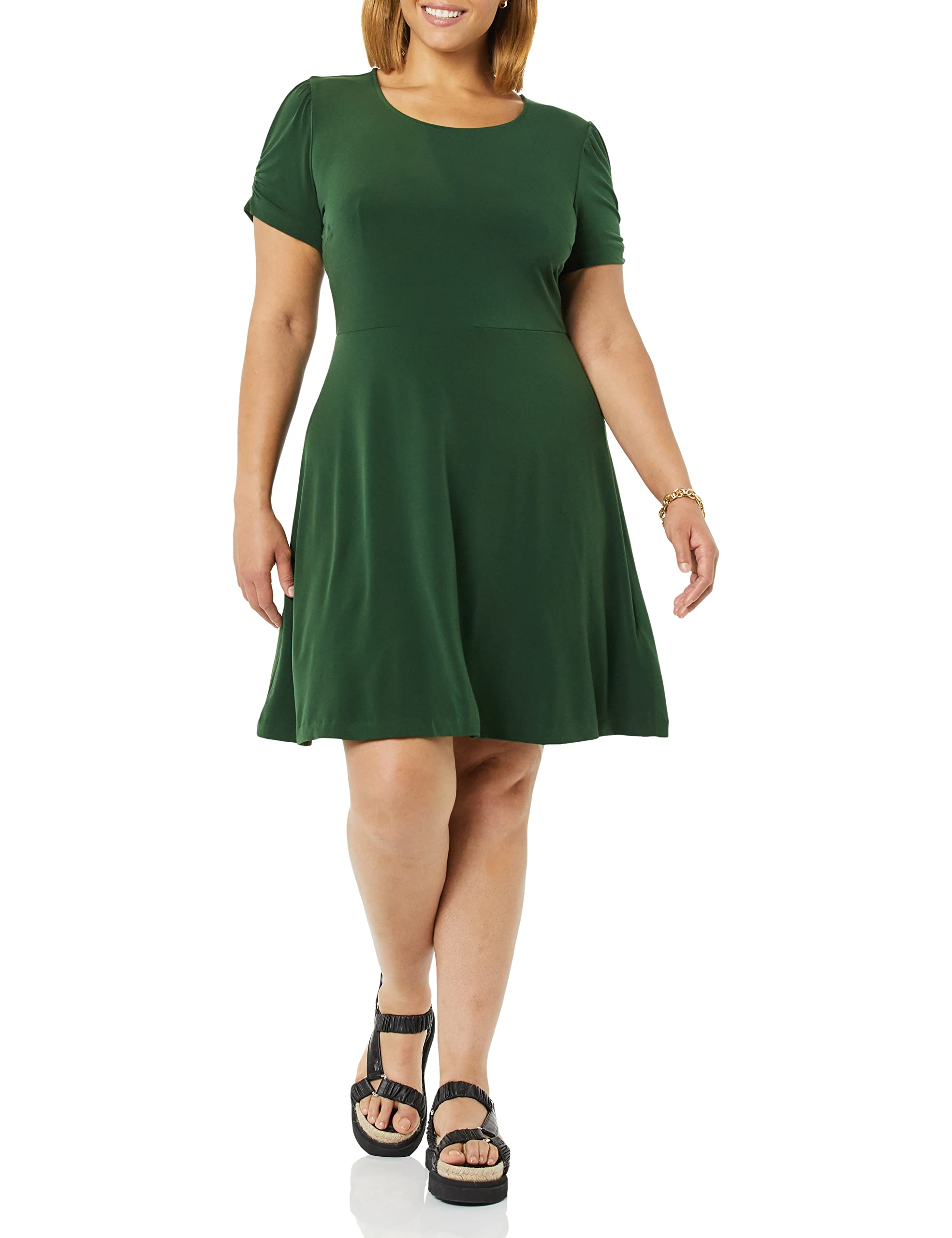 Amazon Essentials Women's Short Sleeve Round Neck Ruched A-Line Dress (Available