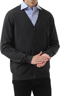 QUALFORT Men's Cardigan with Pockets Button Down Casual Slim Fit V-Neck 100% Cotton