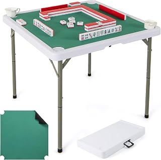 GYMAX Mahjong Table Foldable with Mahjong Mat, 4-Player Square Domino Table w/Cup Holders & Carrying Handle, Anti Slip Noise Reduction for Mahjong, Card Board Games (Pure Green)