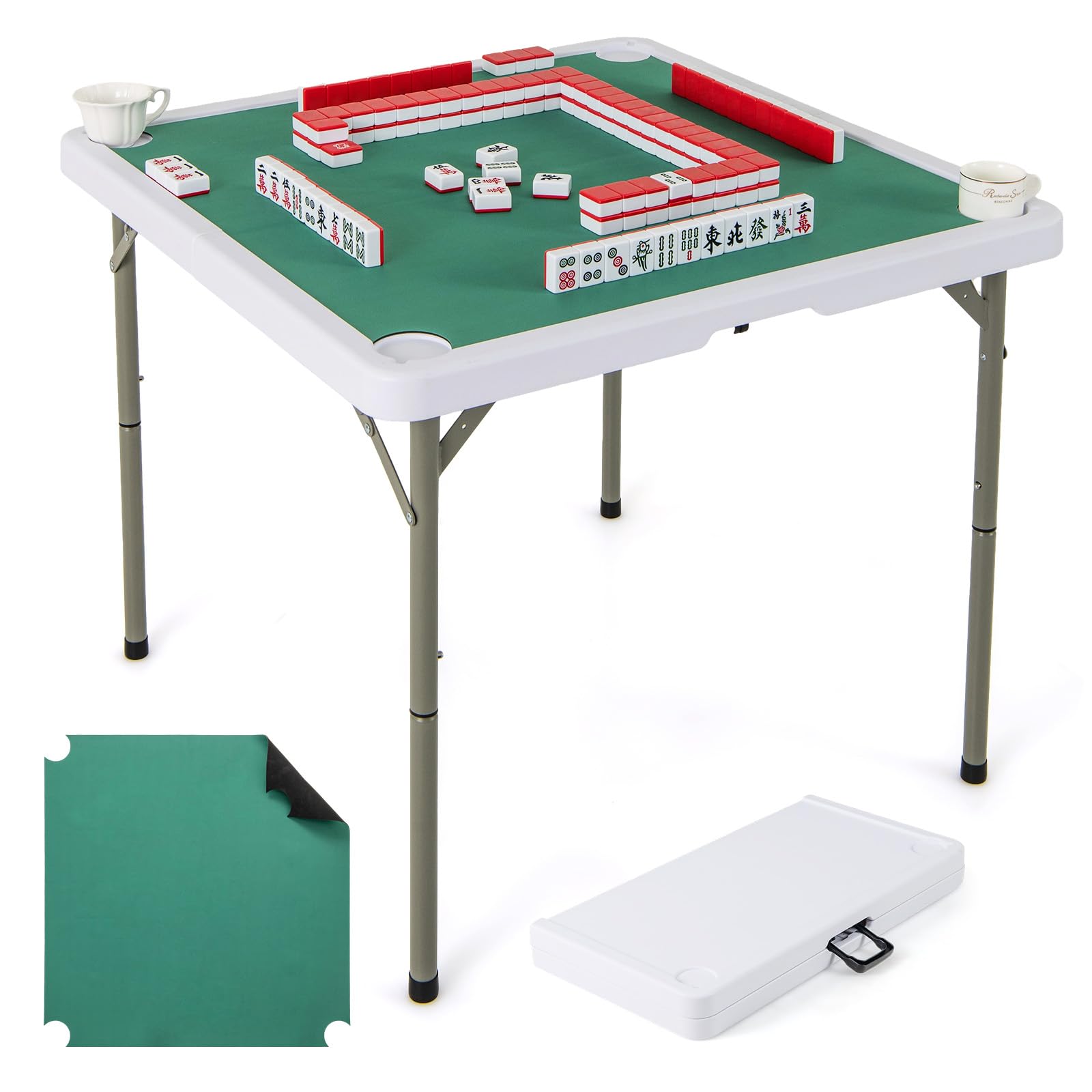 GYMAX Mahjong Table Foldable with Mahjong Mat, 4-Player Square Domino Table w/Cu