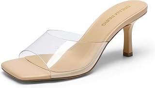 DREAM PAIRS Women's Kitten Heeled Sandals Square Toe Slip On Low Heels Pumps Shoes Daily Dressy Casual Occasions, Nude/Clear, 42 EU