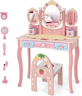 Costzon Kids Vanity Table & Chair Set, 2 in 1 Princess Makeup Dressing Table w/Detachable Top, Tri-fold Mirror, Drawers & Accessories, Pretend Play Toddler Vanity Set for Little Girls, Pink
