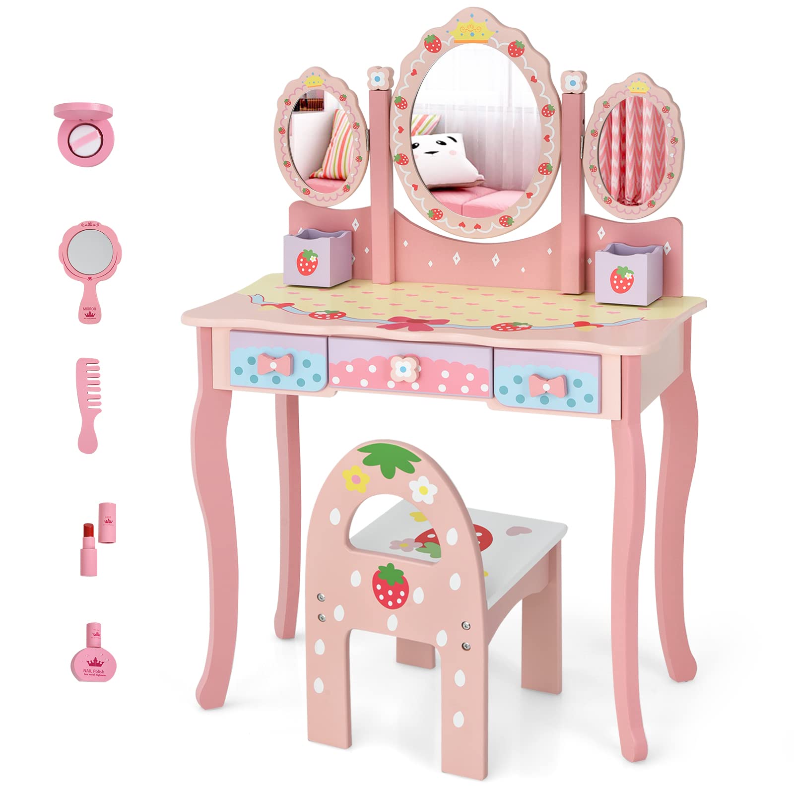 Costzon Kids Vanity Table & Chair Set, 2 in 1 Princess Makeup Dressing Table w/D