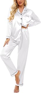 Ekouaer Ladies Satin Pyjamas Long Sleeve Button Down Nightwear V Neck Two Piece Set