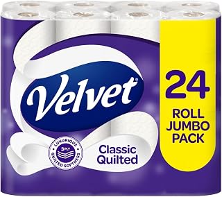 Velvet Classic Quilted Toilet Tissue 24 Standard Rolls | Luxuriously Soft, Strong and Absorbent Toilet Roll - Jumbo Bulk Pack 24 Rolls - 3-ply - White