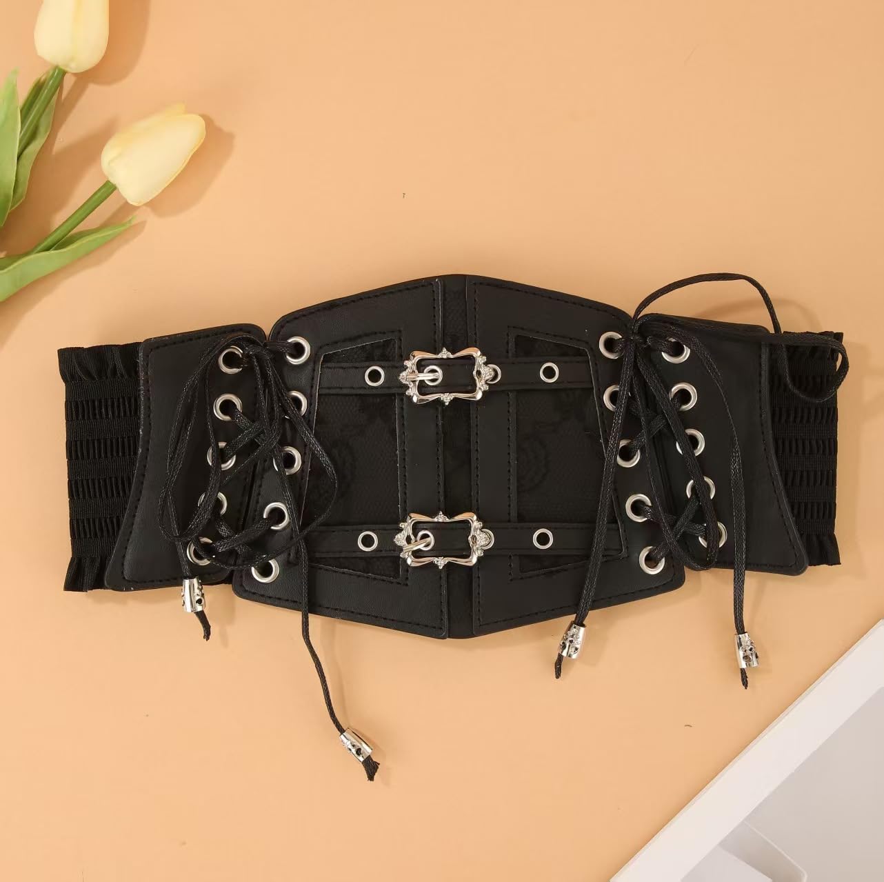 Leather Corset Belt with Side Laces Medieval Renaissance Underbust Wide Elastic 