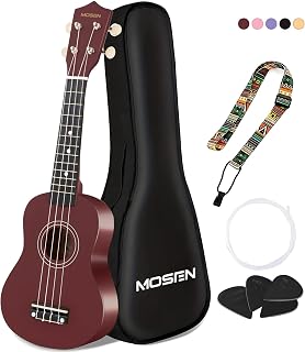 MOSEN 21 Inch Soprano Ukulele Beginner Kit with Strap for New Learners | Portable Travel Mini Guitar Bundle Including Gig Bag, Strap, Picks, Nylon Strings, Great Gift for Learners, Brown