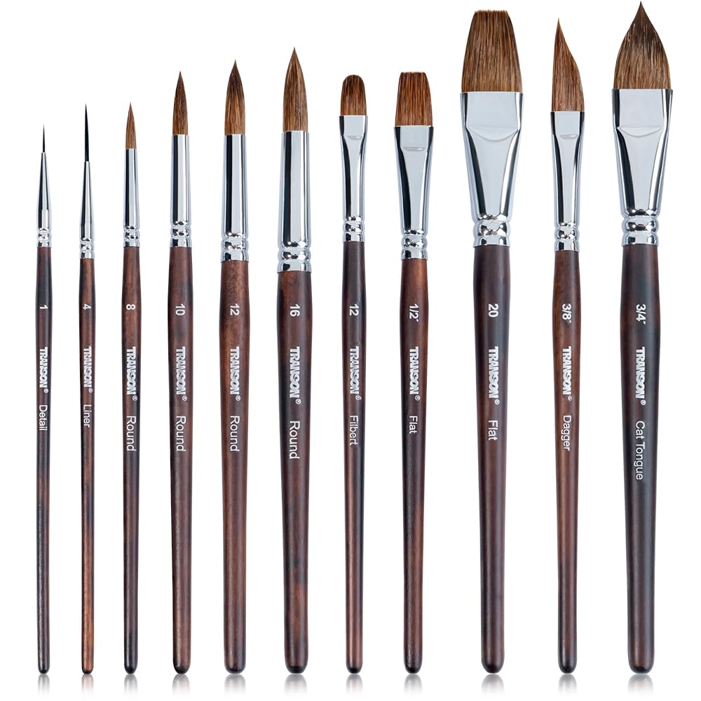 Transon 11pcs Sable Watercolor Brushes Professional Brush Set for Watercolor Pai