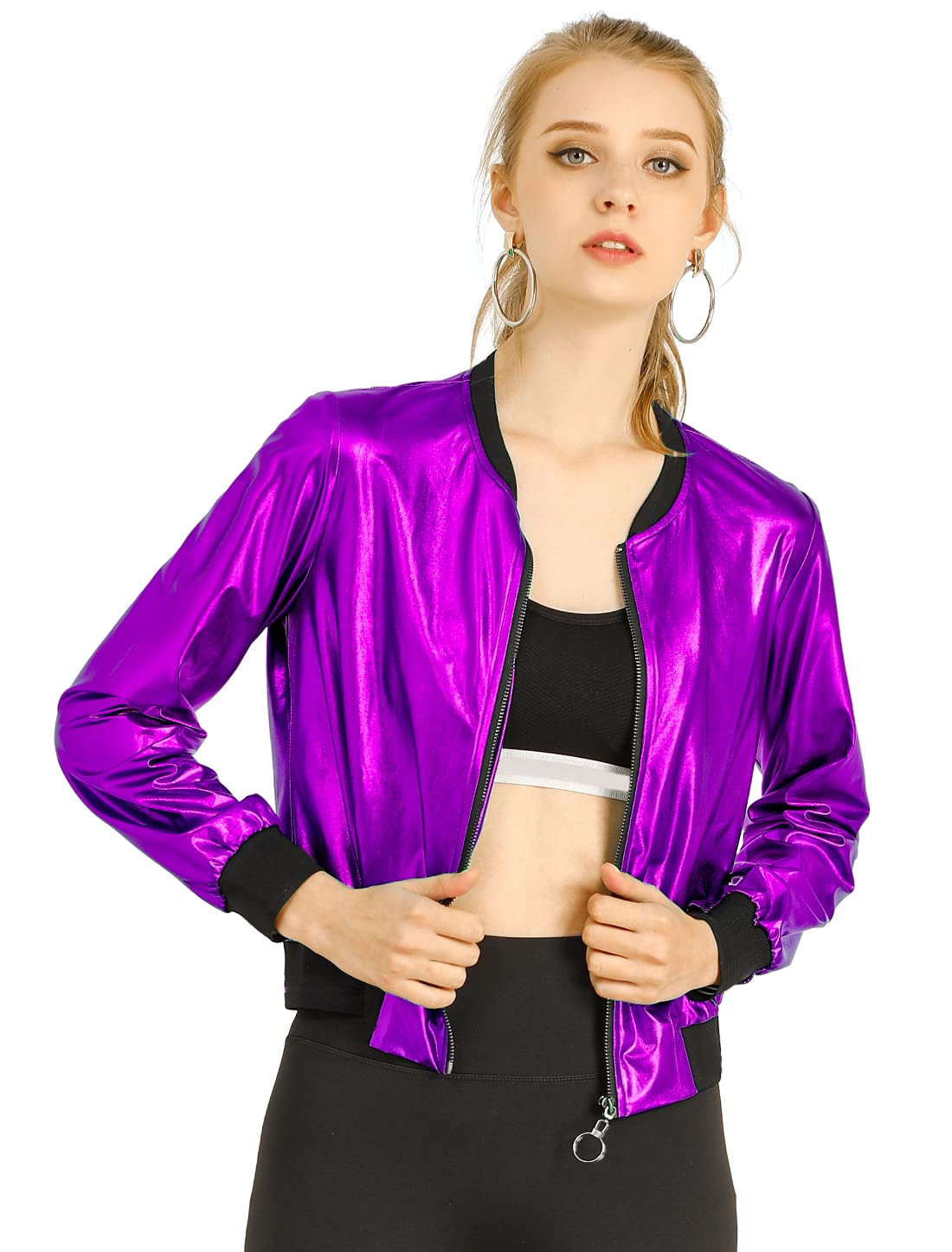 Allegra K Women's Metallic Holographic Hooded Jacket