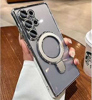 Magnetic for Samsung Galaxy S25 Ultra Case Stand & Ring Holder Compatible with MagSafe Built-in Camera Lens Protector Phone Case for Samsung S25 Ultra - Silver