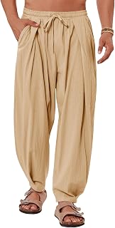 Mens Linen Yoga Pants Elastic Waist Drawstring Summer Beach Loose Fit Casual Tapered Pants
