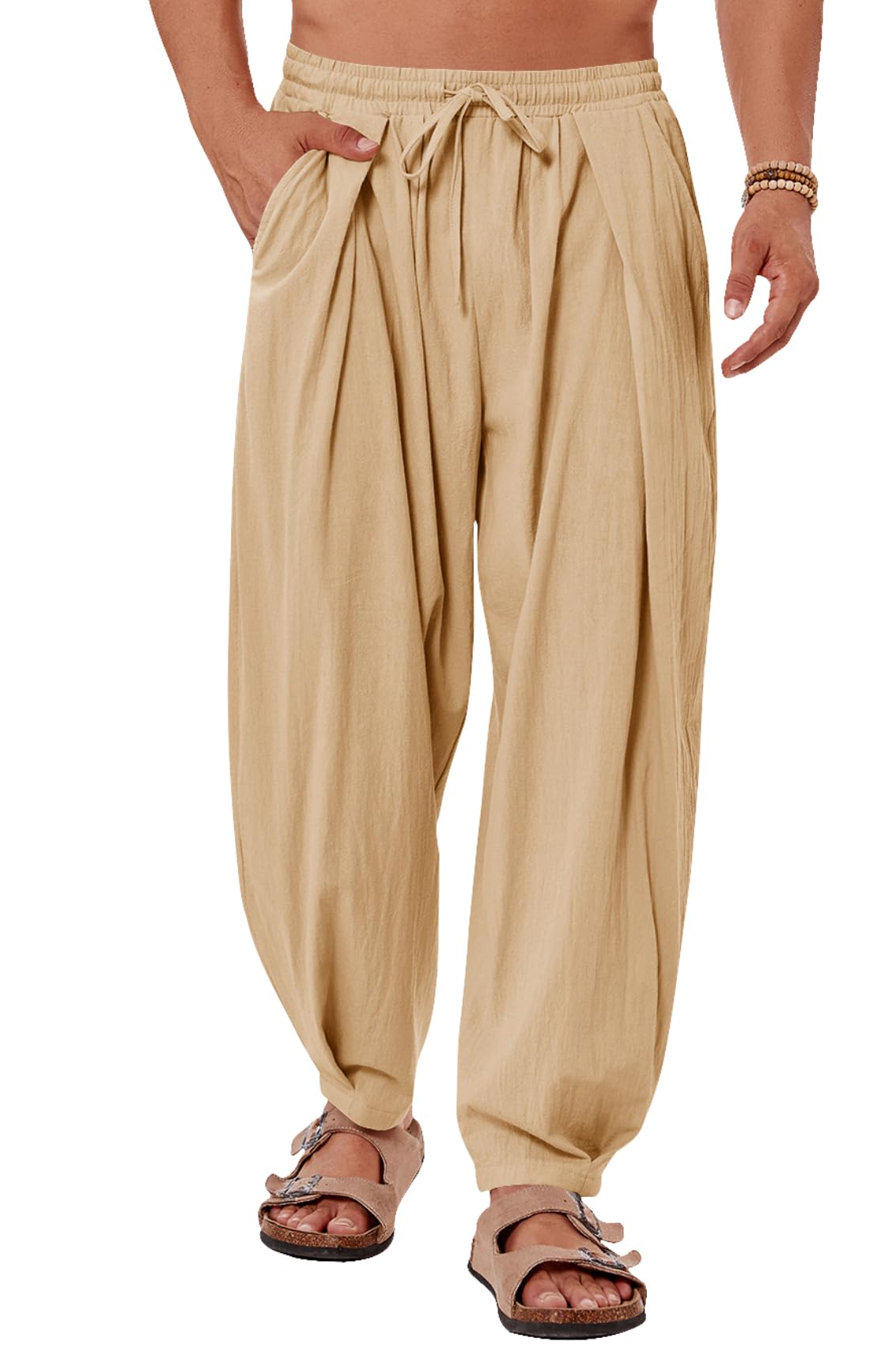 Mens Linen Yoga Pants Elastic Waist Drawstring Summer Beach Loose Fit Casual Tap