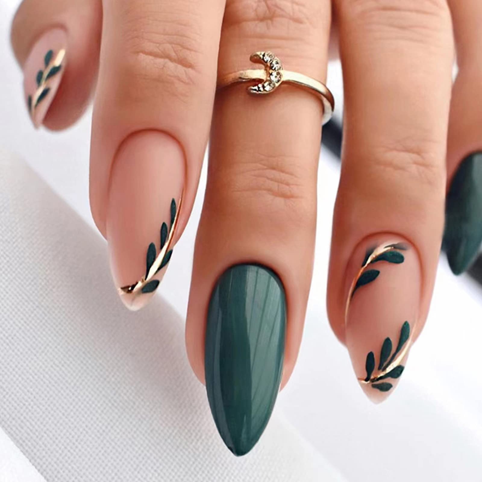 French Green Press On Nails, Short Almond Fake Nails, Elegant Acrylic Full Cover
