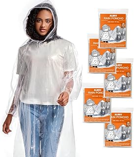ALBRY Disposable Rain Ponchos for Adults with Drawstring Hood - Emergency Rain Ponchos for Women and Men, Transparent, Clear - Pack of 5, One Size, Clear - Pack of 5, One Size
