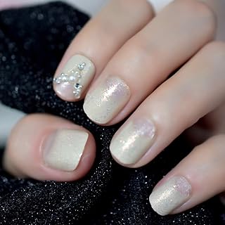 Shiny Yellow Golden Glitter Press on Nails 3D Rhinestones Short Squoval False Nails Acrylic Fake Nail Art Tips Manicure Kits