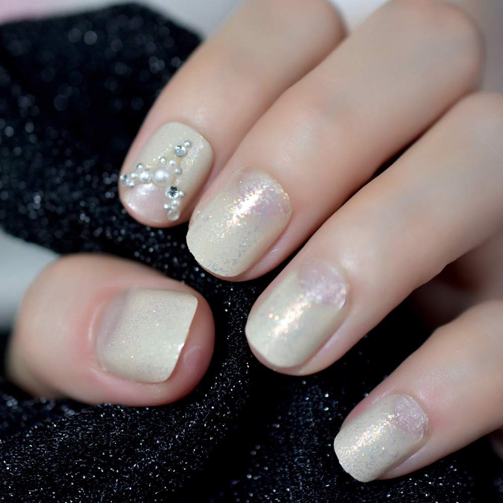 Shiny Yellow Golden Glitter Press on Nails 3D Rhinestones Short Squoval False Na