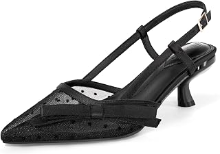 Coutgo Women's Slingback Low Kitten Heels Closed Pointed Toe Bow Pumps Wedding Dress Shoes