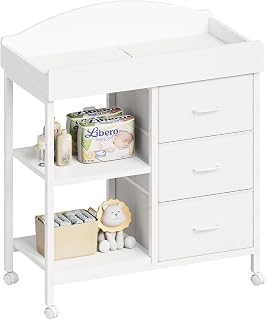 Yetom Changing Table, 3 Drawers&amp;2 Shelves, Changing Table Dresser, White | Baby Changing Table,Waterproof Diaper pad &amp; Safety Strap, Mobile wheels, Baby Dresser with Changing Table Top, Nursery
