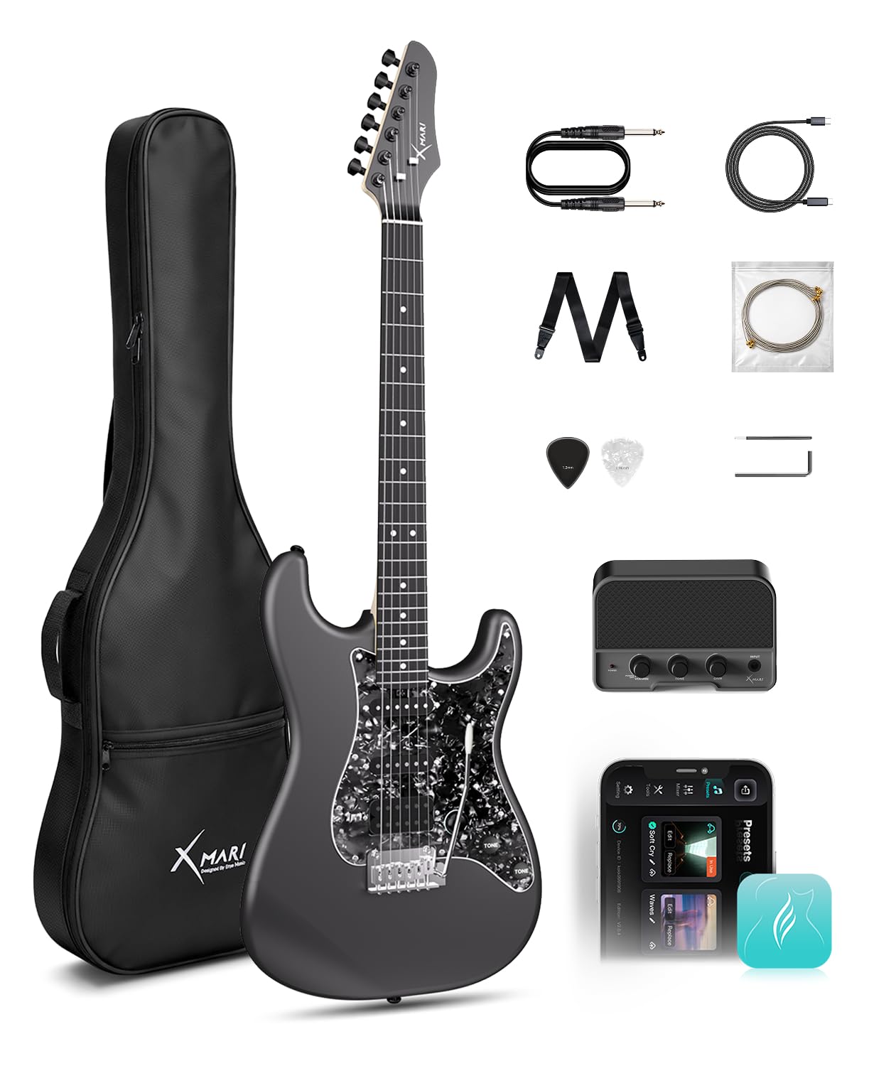 ENYA XMARI Smart Electric Guitar, 39" Beginner Kit with Built-in 4 Effects | Car