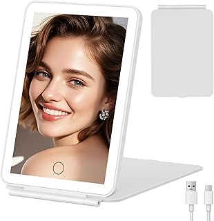 FUNTOUCH Rechargeable Portable Makeup Mirror with Led Lights | Lighted Travel Light up Beauty Mirror, 3 Color Lighting, Dimmable Touch Screen (White)